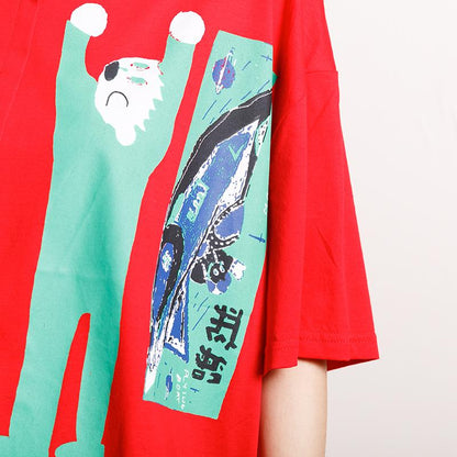 Cotton Asymmetrical Print Short Sleeve Blouse
