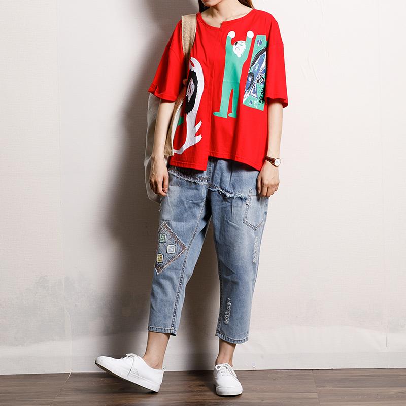 Cotton Asymmetrical Print Short Sleeve Blouse