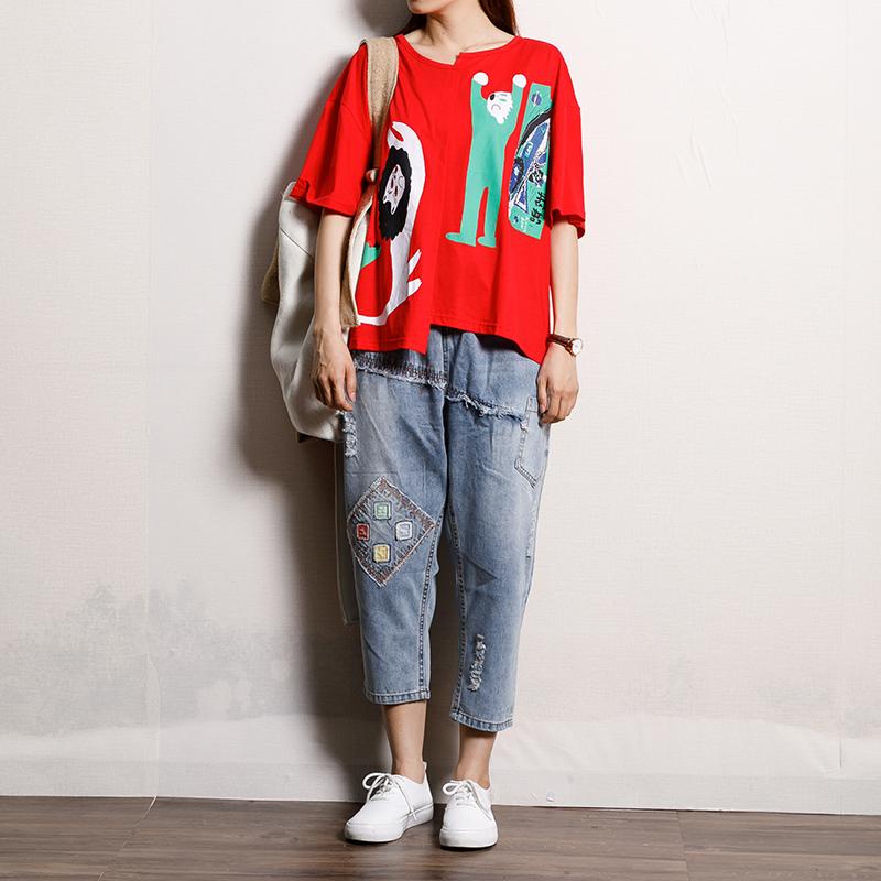 Cotton Asymmetrical Print Short Sleeve Blouse