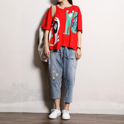 Cotton Asymmetrical Print Short Sleeve Blouse