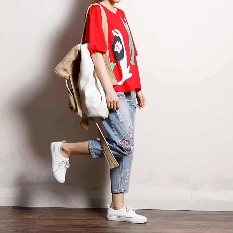 Cotton Asymmetrical Print Short Sleeve Blouse