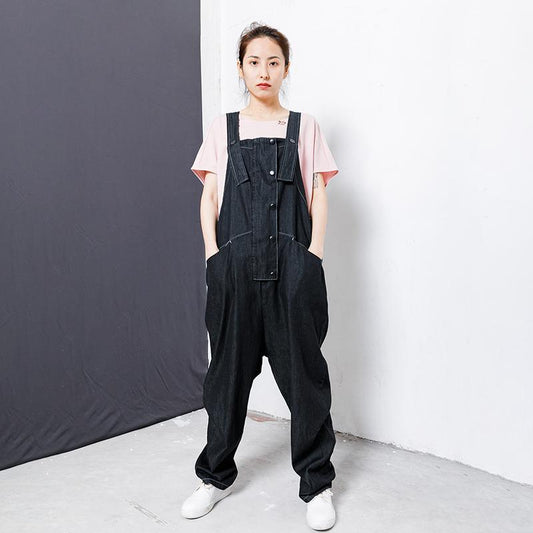 Cotton Casual Button Pockets Wide Leg Overalls