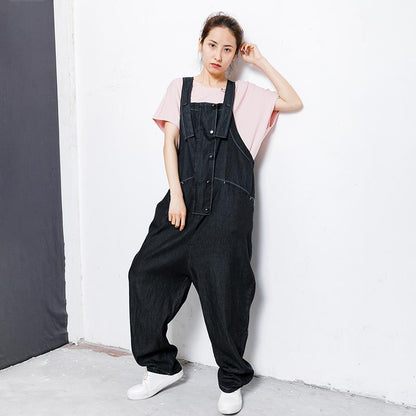 Cotton Casual Button Pockets Wide Leg Overalls