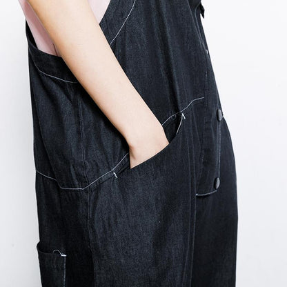 Cotton Casual Button Pockets Wide Leg Overalls