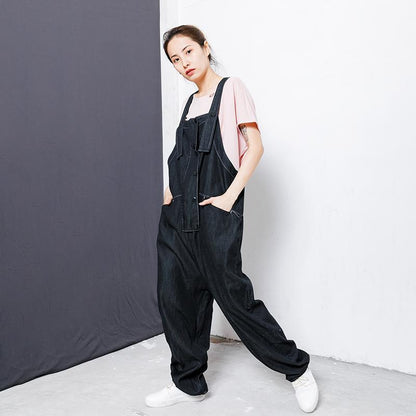 Cotton Casual Button Pockets Wide Leg Overalls