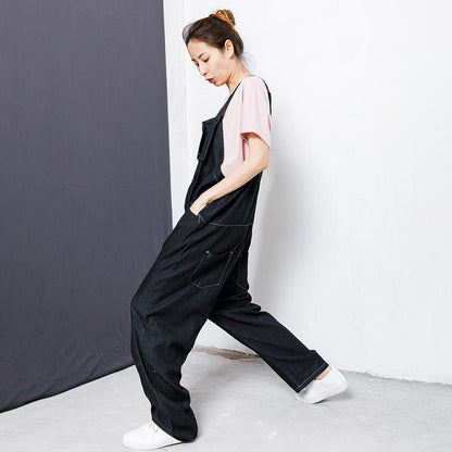 Cotton Casual Button Pockets Wide Leg Overalls