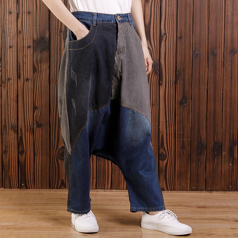 Cotton Irregular Spliced Striped Pockets Jeans