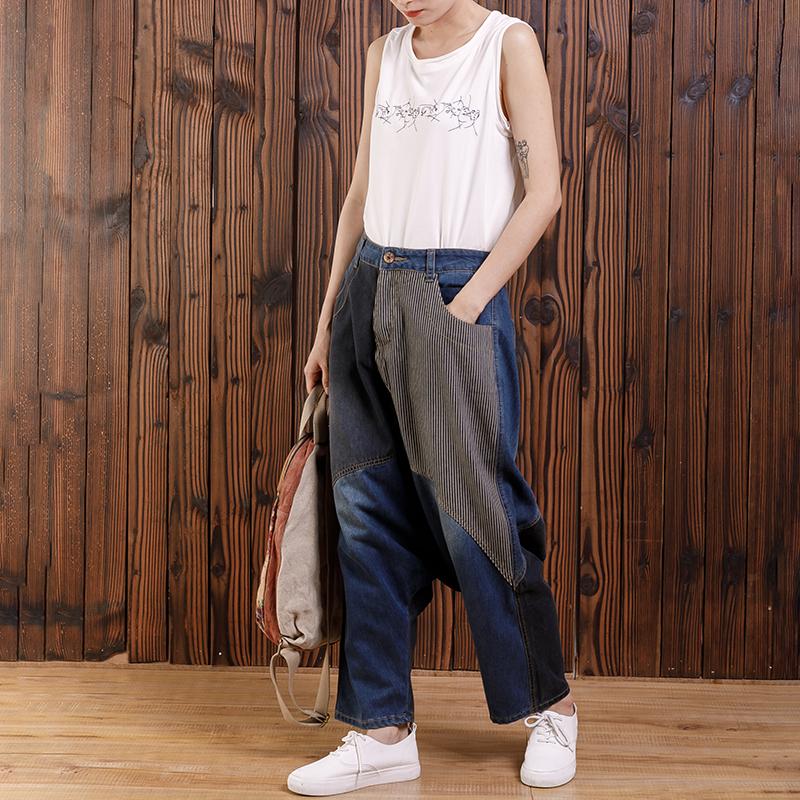 Cotton Irregular Spliced Striped Pockets Jeans