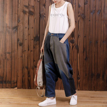 Cotton Irregular Spliced Striped Pockets Jeans