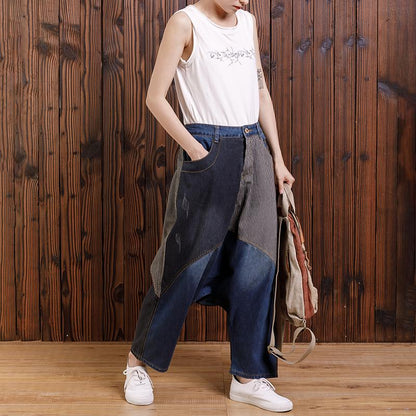 Cotton Irregular Spliced Striped Pockets Jeans