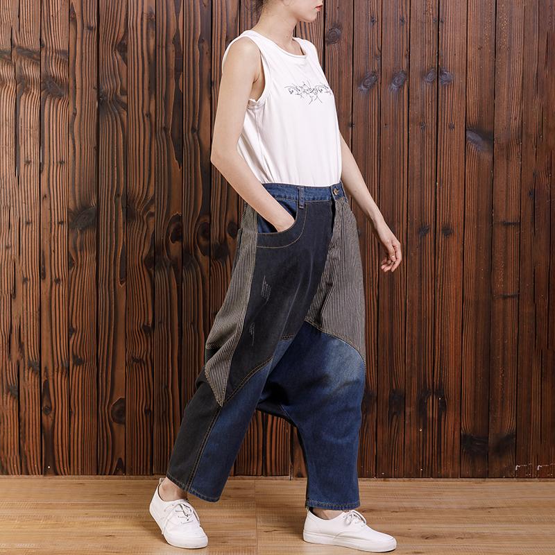 Cotton Irregular Spliced Striped Pockets Jeans