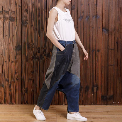 Cotton Irregular Spliced Striped Pockets Jeans