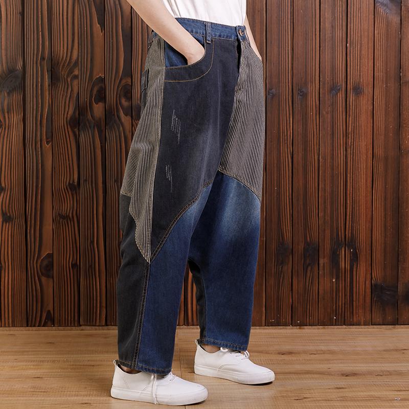 Cotton Irregular Spliced Striped Pockets Jeans