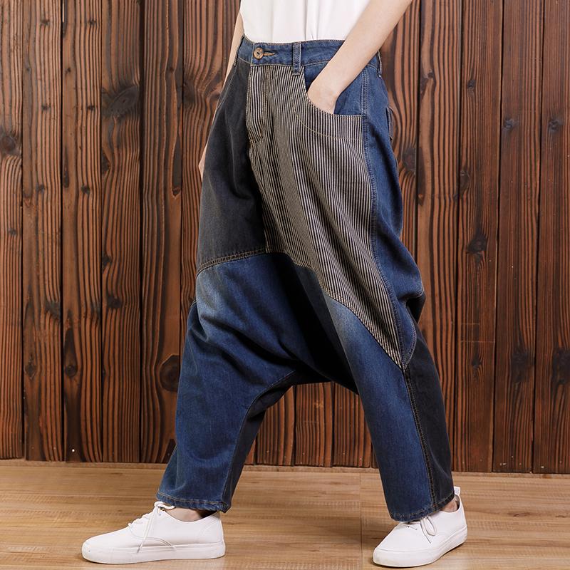 Cotton Irregular Spliced Striped Pockets Jeans