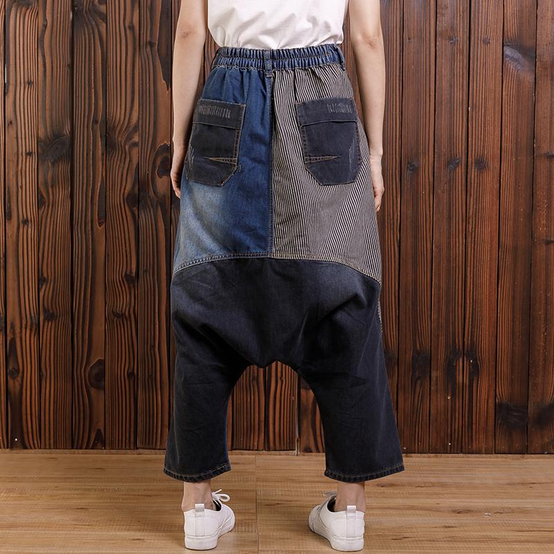 Cotton Irregular Spliced Striped Pockets Jeans