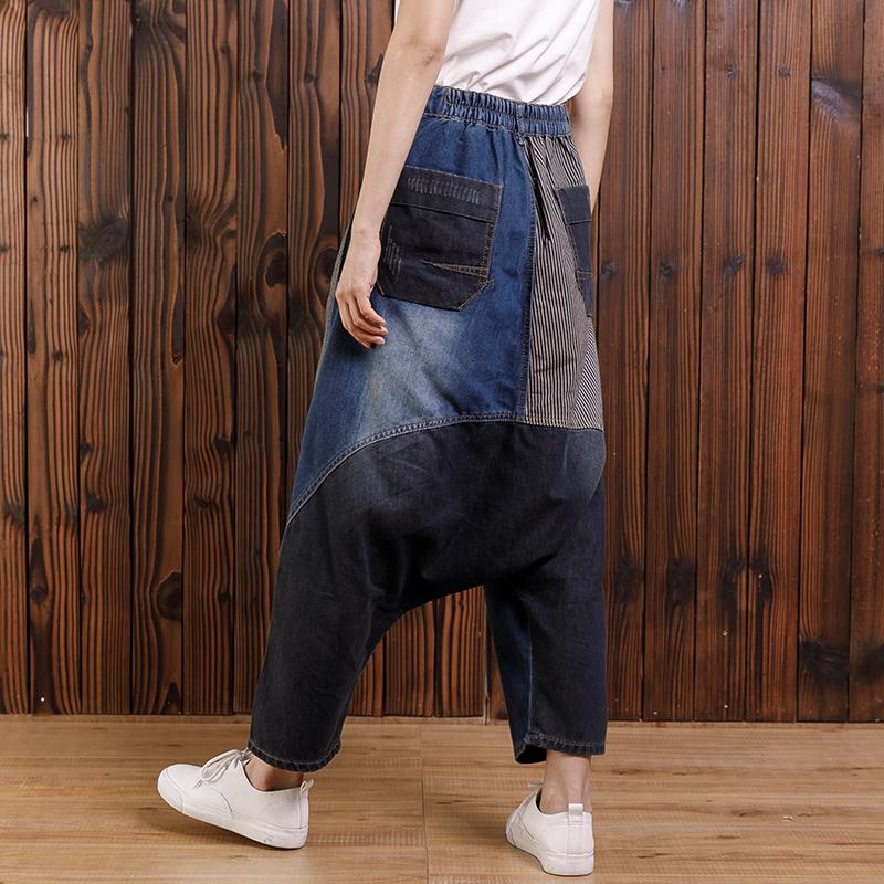 Cotton Irregular Spliced Striped Pockets Jeans