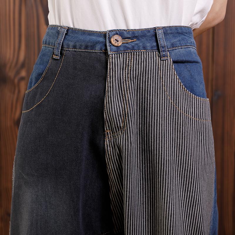 Cotton Irregular Spliced Striped Pockets Jeans