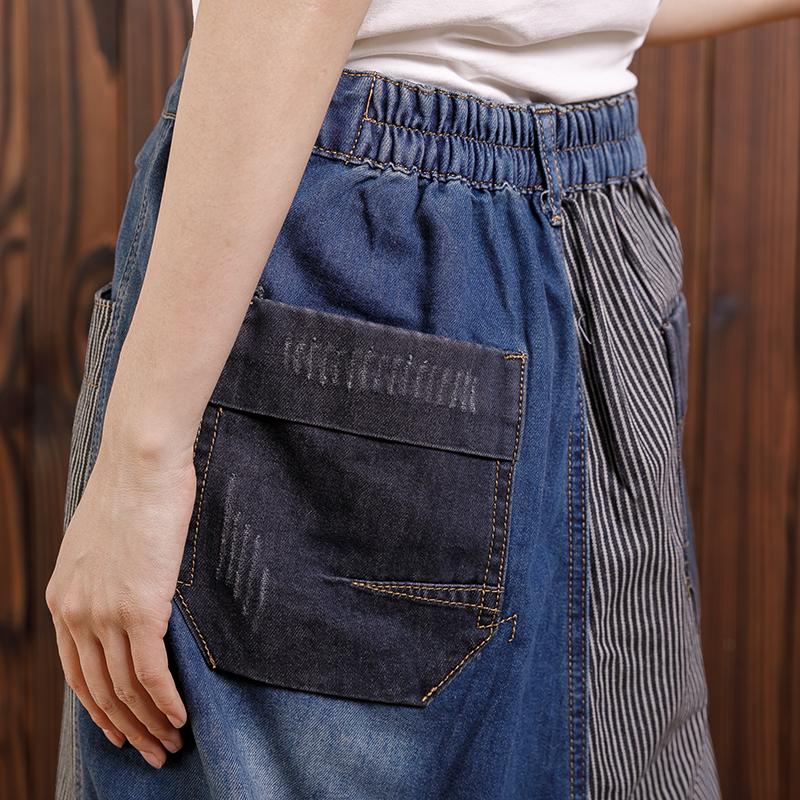 Cotton Irregular Spliced Striped Pockets Jeans