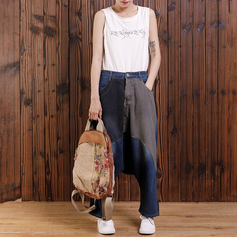 Cotton Irregular Spliced Striped Pockets Jeans