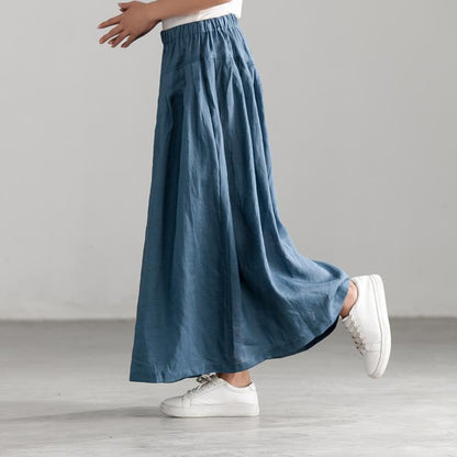 Cotton Linen Blue Loose Casual Long Pleated Skirt
