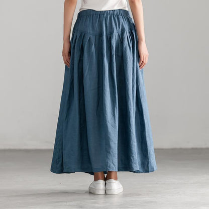 Cotton Linen Blue Loose Casual Long Pleated Skirt