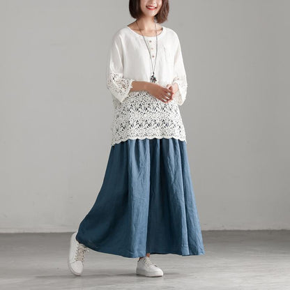 Cotton Linen Blue Loose Casual Long Pleated Skirt