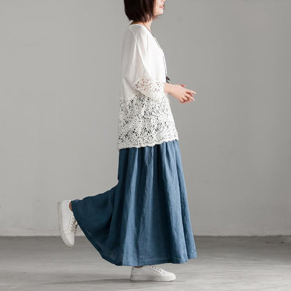 Cotton Linen Blue Loose Casual Long Pleated Skirt