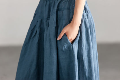 Cotton Linen Blue Loose Casual Long Pleated Skirt