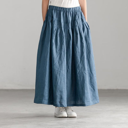 Cotton Linen Blue Loose Casual Long Pleated Skirt