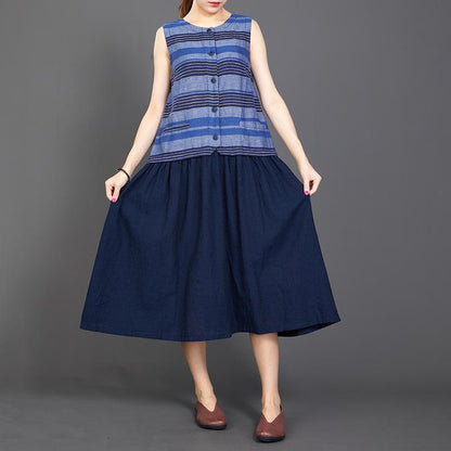 Cotton Linen Blue Splice Sleeveless Dress