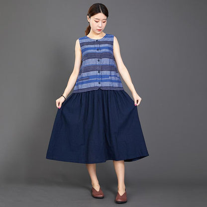 Cotton Linen Blue Splice Sleeveless Dress