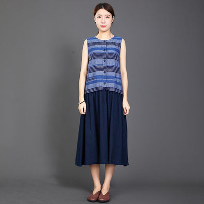 Cotton Linen Blue Splice Sleeveless Dress