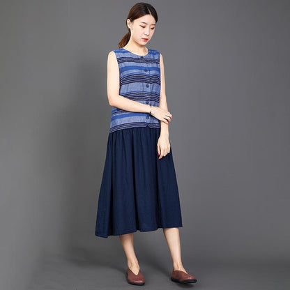 Cotton Linen Blue Splice Sleeveless Dress