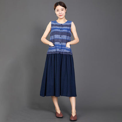 Cotton Linen Blue Splice Sleeveless Dress