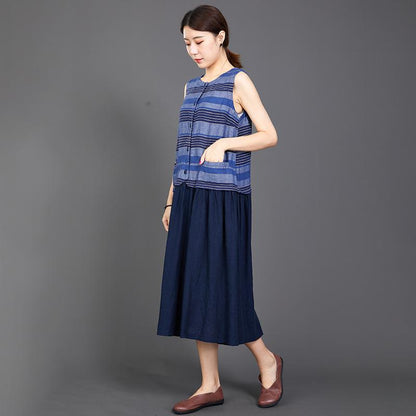Cotton Linen Blue Splice Sleeveless Dress
