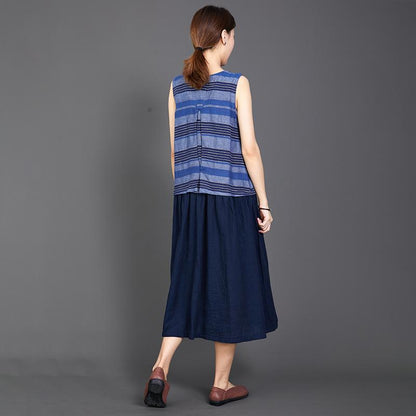 Cotton Linen Blue Splice Sleeveless Dress