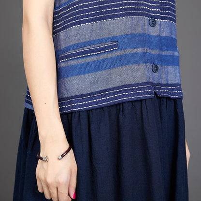 Cotton Linen Blue Splice Sleeveless Dress