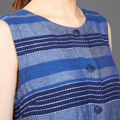 Cotton Linen Blue Splice Sleeveless Dress