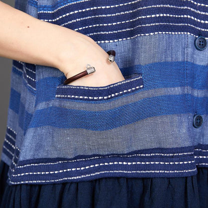 Cotton Linen Blue Splice Sleeveless Dress