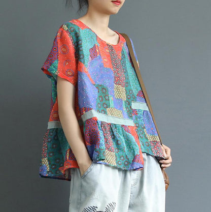 Cotton Linen Irregular Print Short Sleeve Blouse