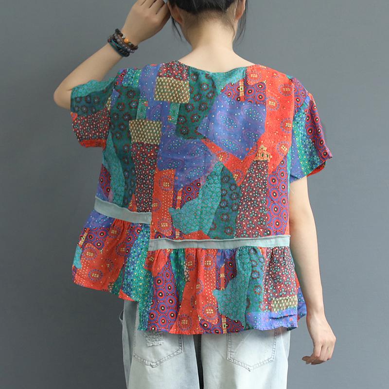 Cotton Linen Irregular Print Short Sleeve Blouse