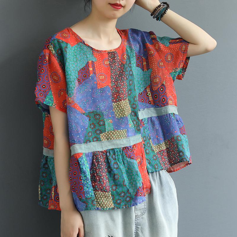 Cotton Linen Irregular Print Short Sleeve Blouse