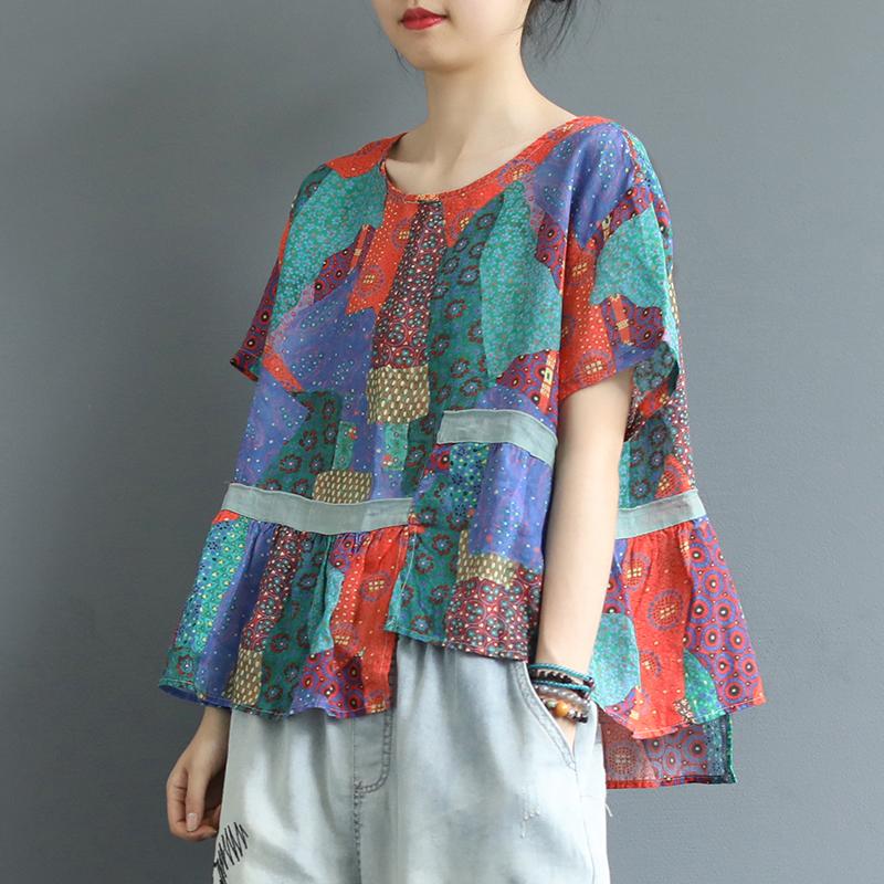 Cotton Linen Irregular Print Short Sleeve Blouse