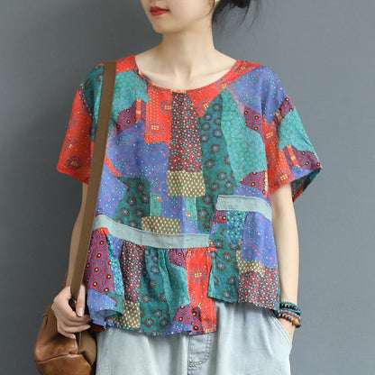 Cotton Linen Irregular Print Short Sleeve Blouse