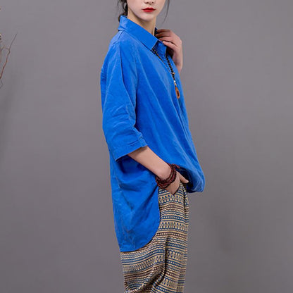 Cotton Linen Long Sleeve Solid Blouse
