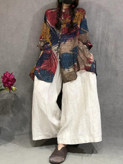 Cotton Linen Print Irregular Stand Collar Blouse