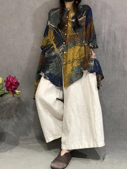 Cotton Linen Print Irregular Stand Collar Blouse
