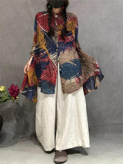 Cotton Linen Print Irregular Stand Collar Blouse