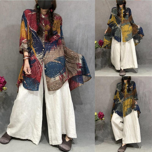 Cotton Linen Print Irregular Stand Collar Blouse