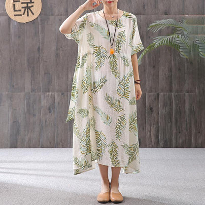 Cotton Linen Print Round Neck Dress
